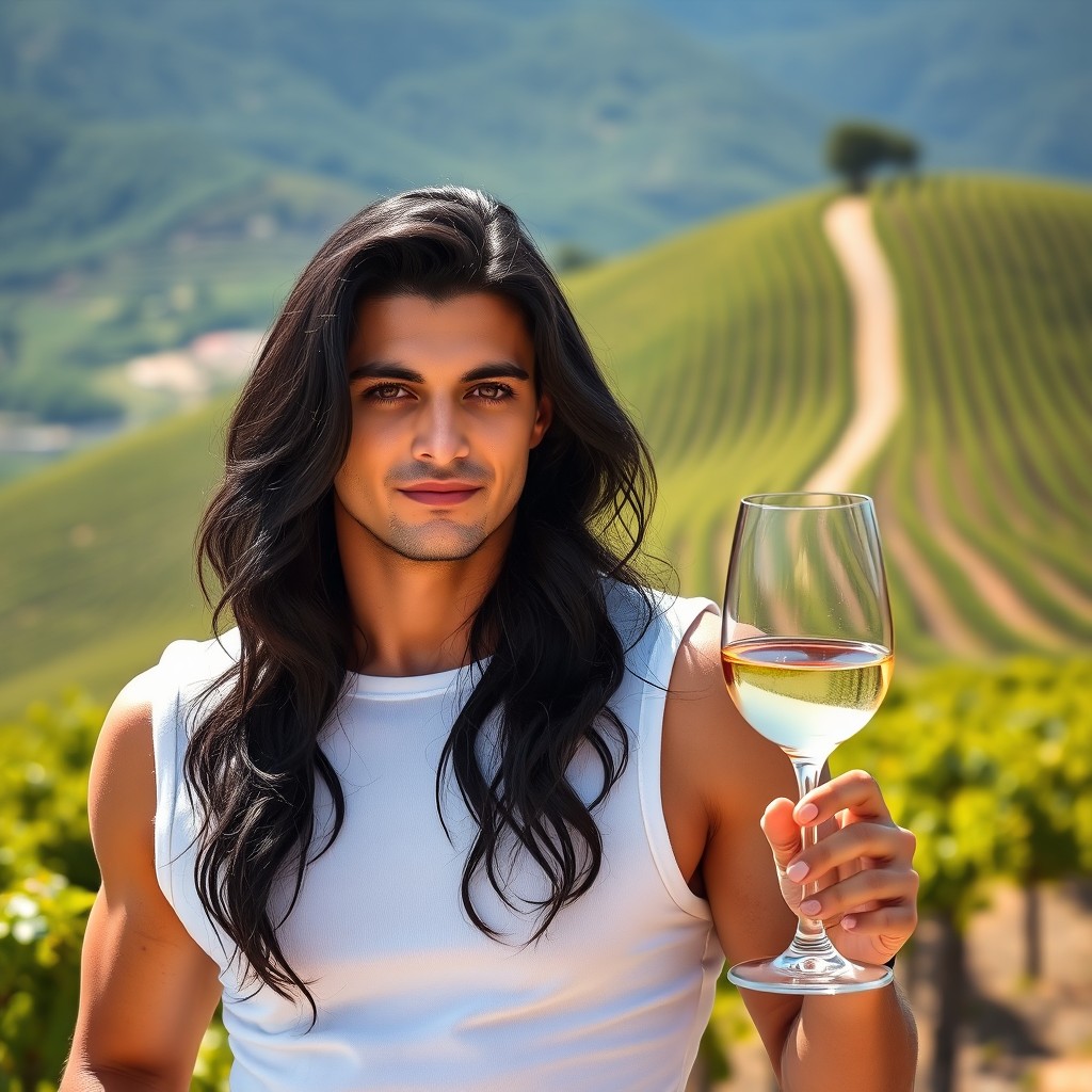 A 30-year-old Caucasian winemaker with long black wavy hair and deep black eyes, wearing a stylish white sleeveless stretch top