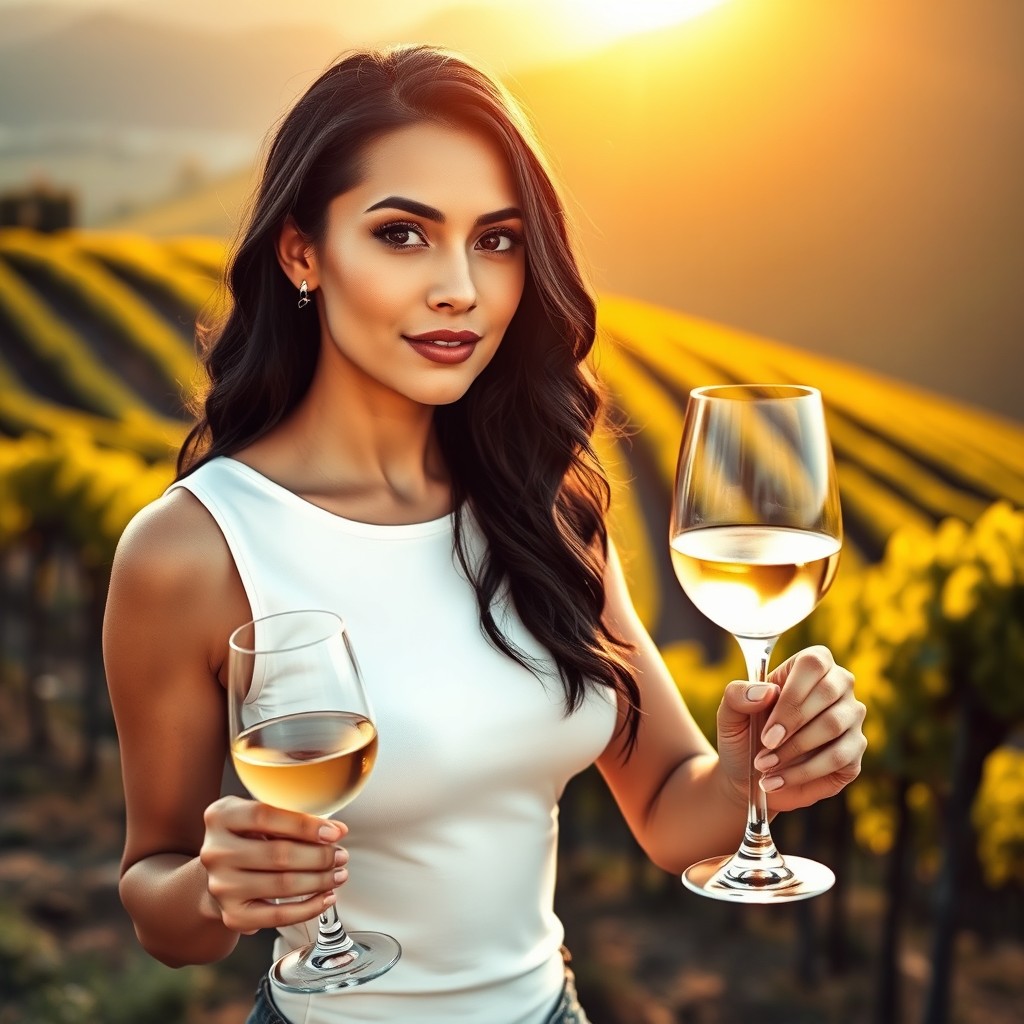A captivating image of a 30-year-old Caucasian female winemaker with long, wavy black hair and striking black eyes