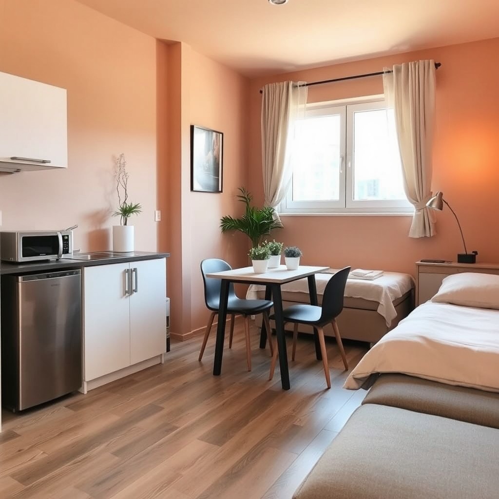 A cozy and functional living space measuring 18 square meters, designed for efficiency
