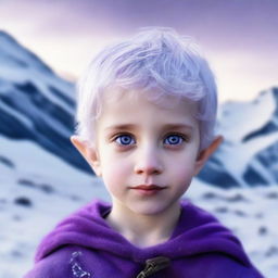 A 3-year-old half-elf boy with short silver hair and captivating purple eyes against a backdrop of a frosty landscape. Exclude any text or social media indicators from the composition.