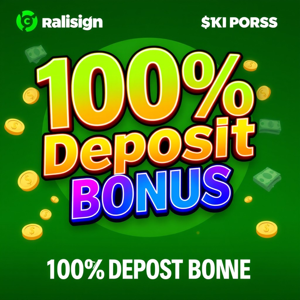 A vibrant promotional banner showcasing a 100% deposit bonus offer