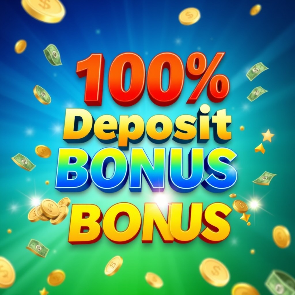 A vibrant and eye-catching digital banner promoting a 100% deposit bonus offer