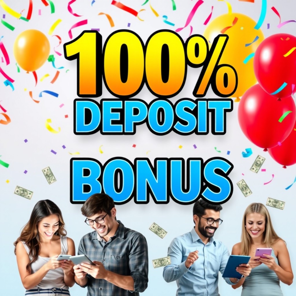 A vibrant scene depicting an enticing advertisement for a 100% deposit bonus, with bold lettering highlighting the offer
