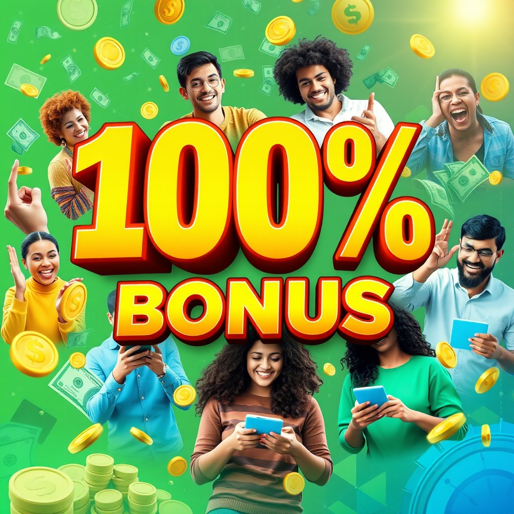 A vibrant and eye-catching advertisement design for a financial service featuring the bold text '100% Signup Bonus' prominently displayed