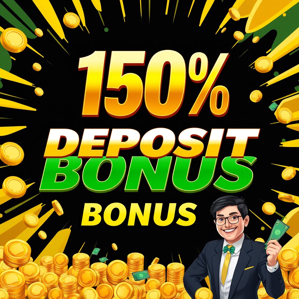 An attractive promotional banner featuring a large, bold text that reads '150% Deposit Bonus' in bright, eye-catching colors like gold and green