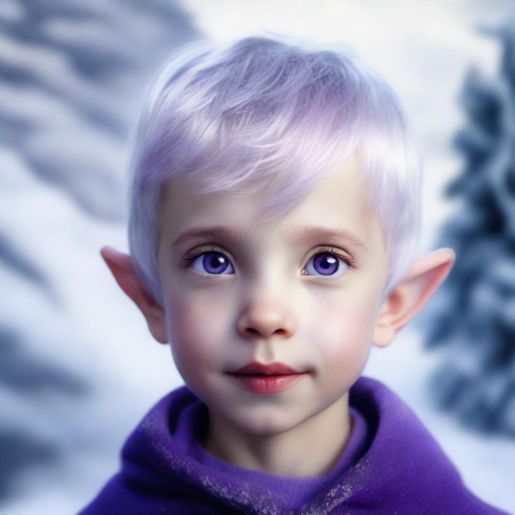 A 3-year-old half-elf boy with short silver hair and captivating purple eyes against a backdrop of a frosty landscape. Exclude any text or social media indicators from the composition.