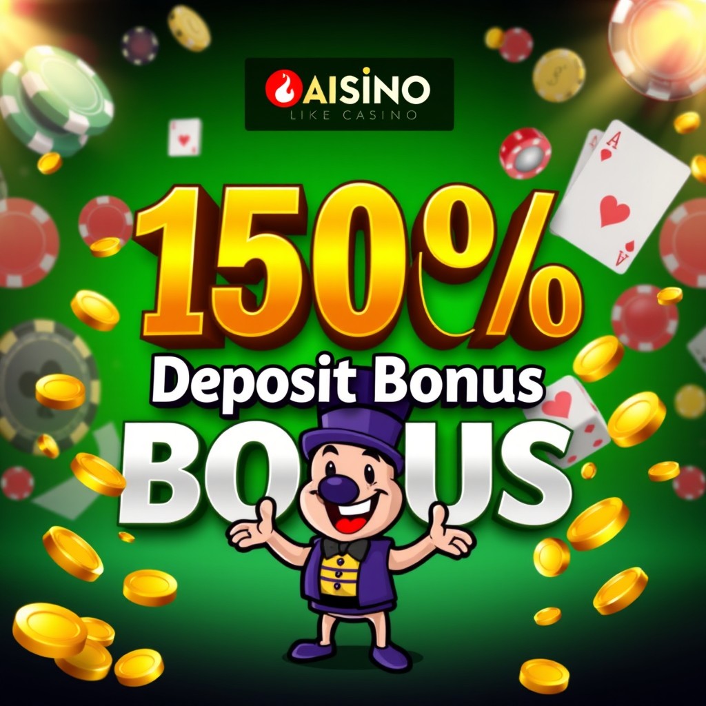 A visually striking advertisement showcasing a 150% deposit bonus for an online casino