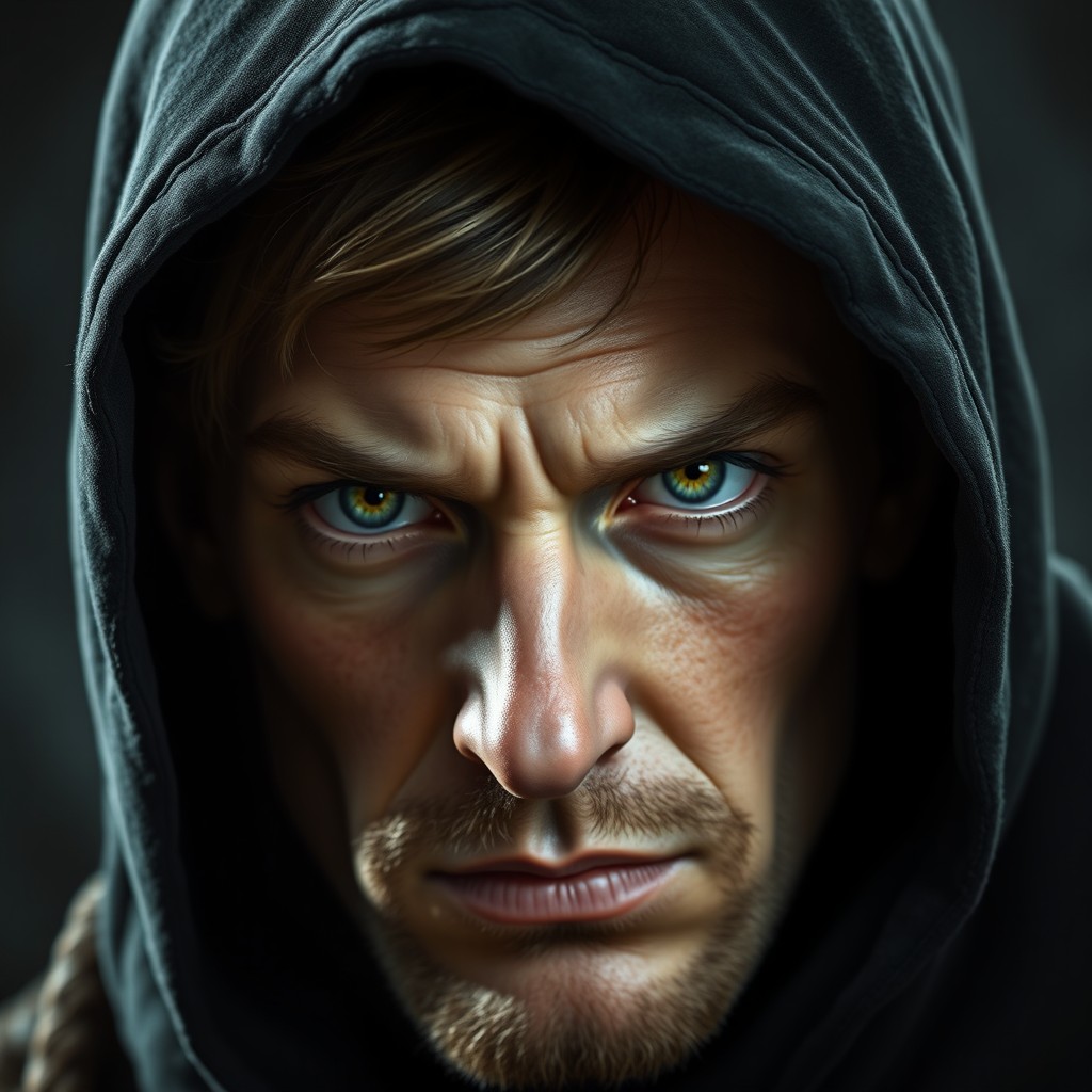 A portrait of a half-elf rogue with striking green eyes, wearing a dark hood that casts a mysterious shadow across his full face