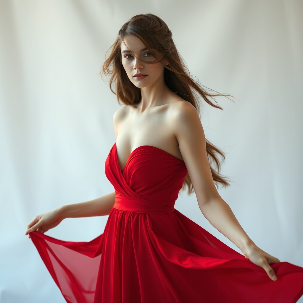A tall white woman with long, flowing brown hair styled elegantly, wearing a fancy yet minimalistic red dress that flows beautifully around her