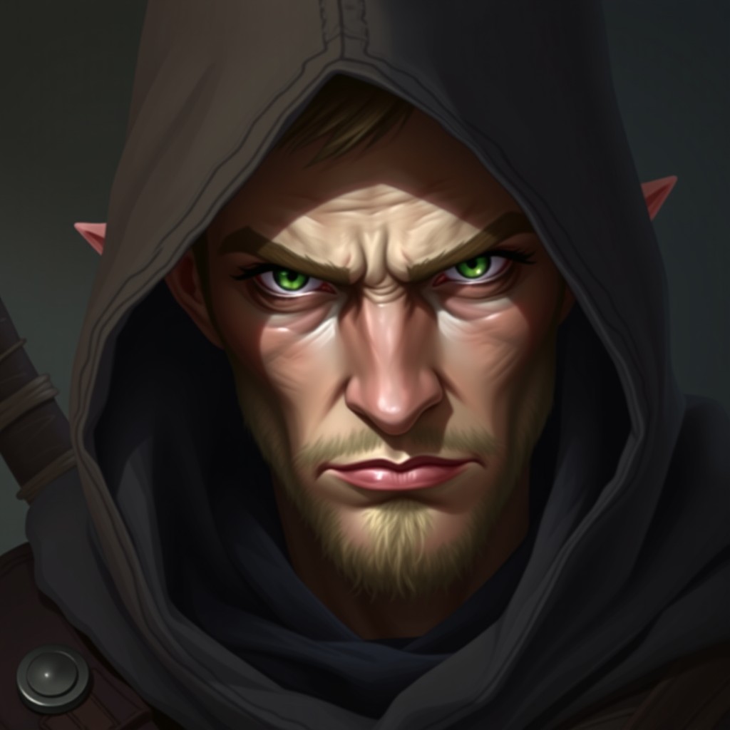 A role-playing game portrait of a half-elf rogue with vivid green eyes, adorned with a deep hood that casts a shadow over his full facial features