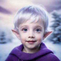 A 3-year-old half-elf boy with short silver hair and captivating purple eyes against a backdrop of a frosty landscape. Exclude any text or social media indicators from the composition.