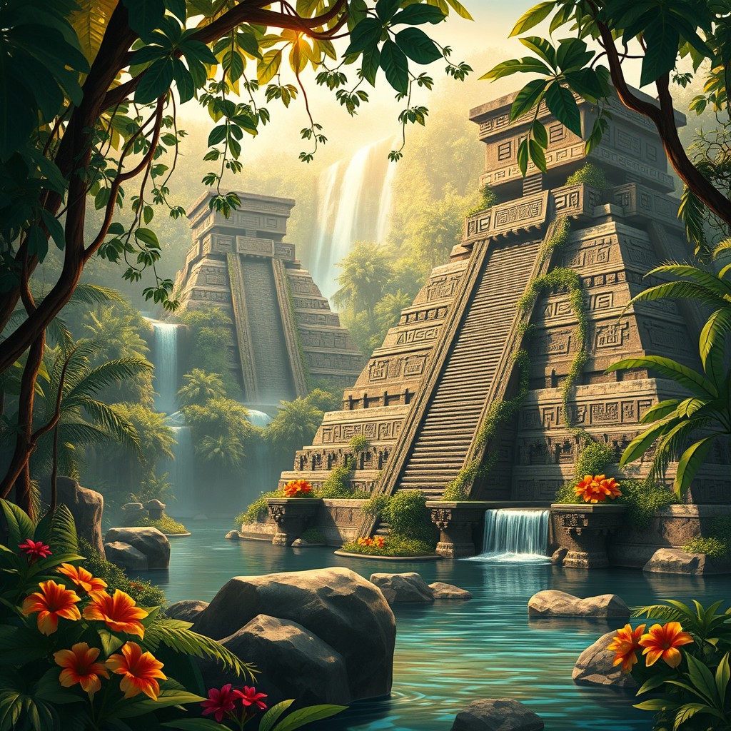An ancient and mystical representation of Atlantis influenced by Aztec architecture, showcasing grand pyramids and temples adorned with intricate carvings and vibrant colors