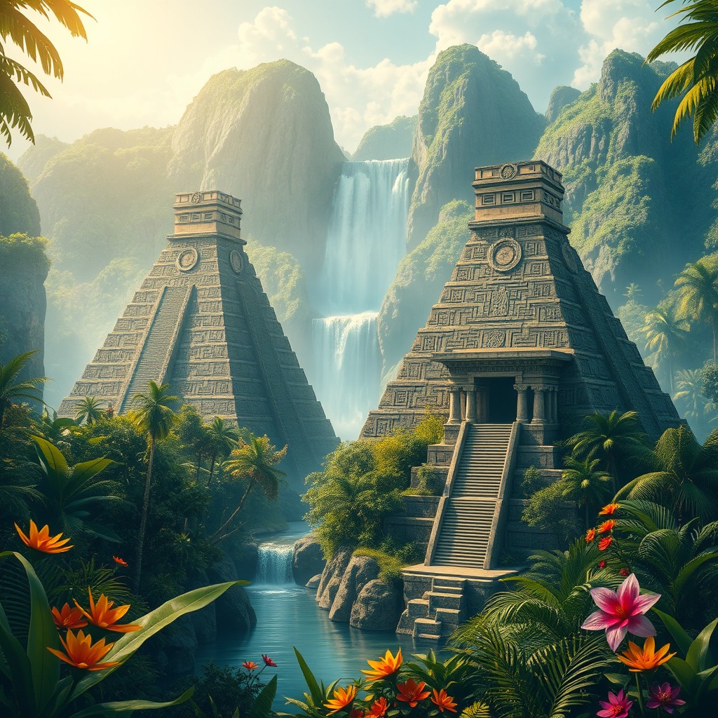 An artistic depiction of a mythical Atlantis that merges elements of Aztec culture, featuring towering pyramids and intricate temples immersed in a vibrant jungle setting