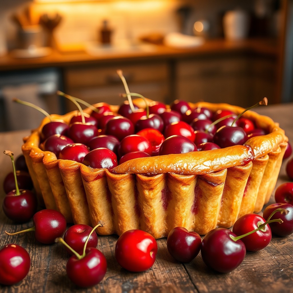 A delicious and tempting cherry tart displayed on a rustic wooden table