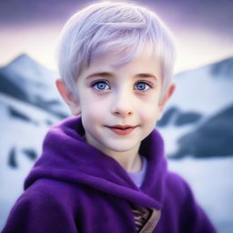 A 3-year-old half-elf boy with short silver hair and captivating purple eyes against a backdrop of a frosty landscape. Exclude any text or social media indicators from the composition.