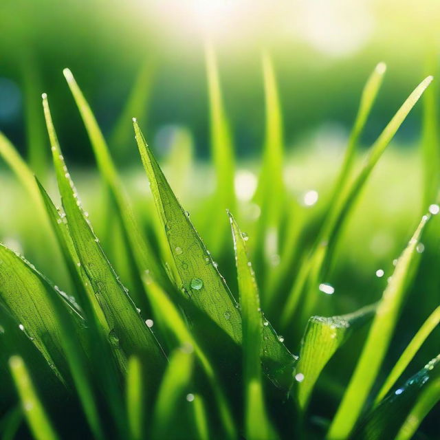 A beautiful scene showcasing lush, vibrant green grass with dew drops shimmering under the early morning sun.