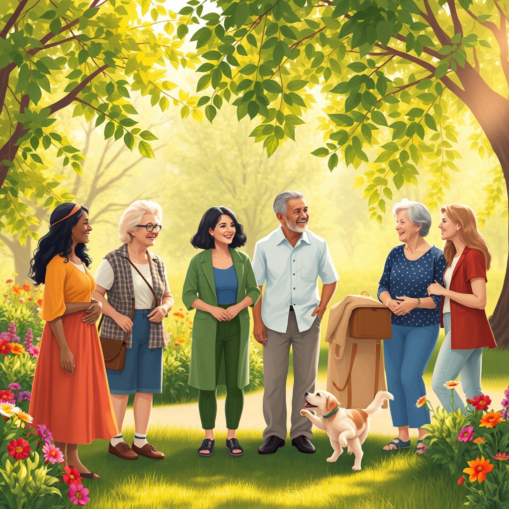 A serene and harmonious scene depicting a group of diverse people, each showing kindness and respect towards one another