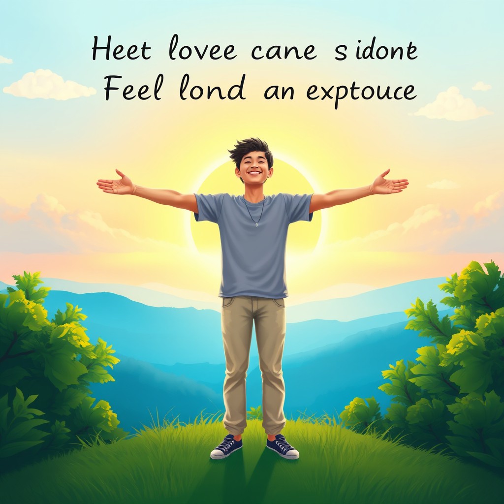 A serene digital artwork of a person standing confidently with their arms open wide, feeling loved and protected