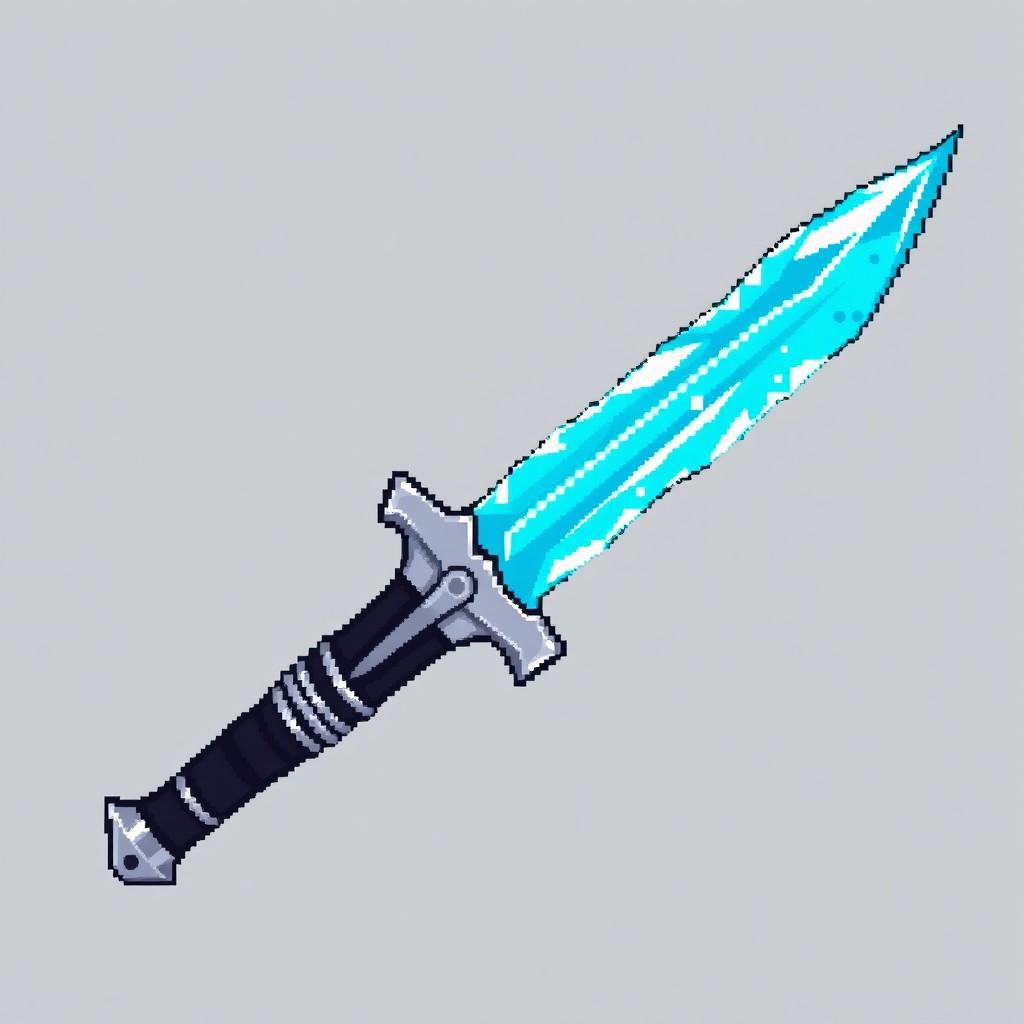 A 16x32 pixel sprite of a short dagger featuring a translucent, jagged icy cyan blade