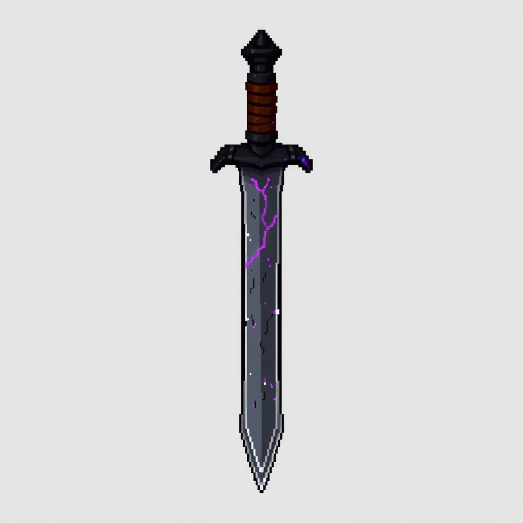 A 32x64 pixel sprite of a greatsword featuring a dark grey metal blade etched with faint glowing purple runic cracks