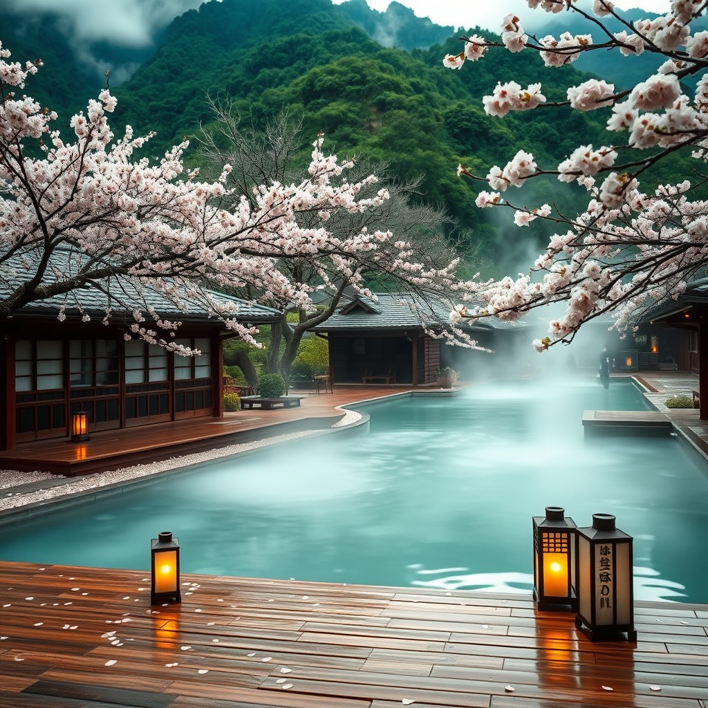 A serene and beautiful Asian onsen scene, featuring natural hot springs surrounded by lush green mountains and tranquil landscapes