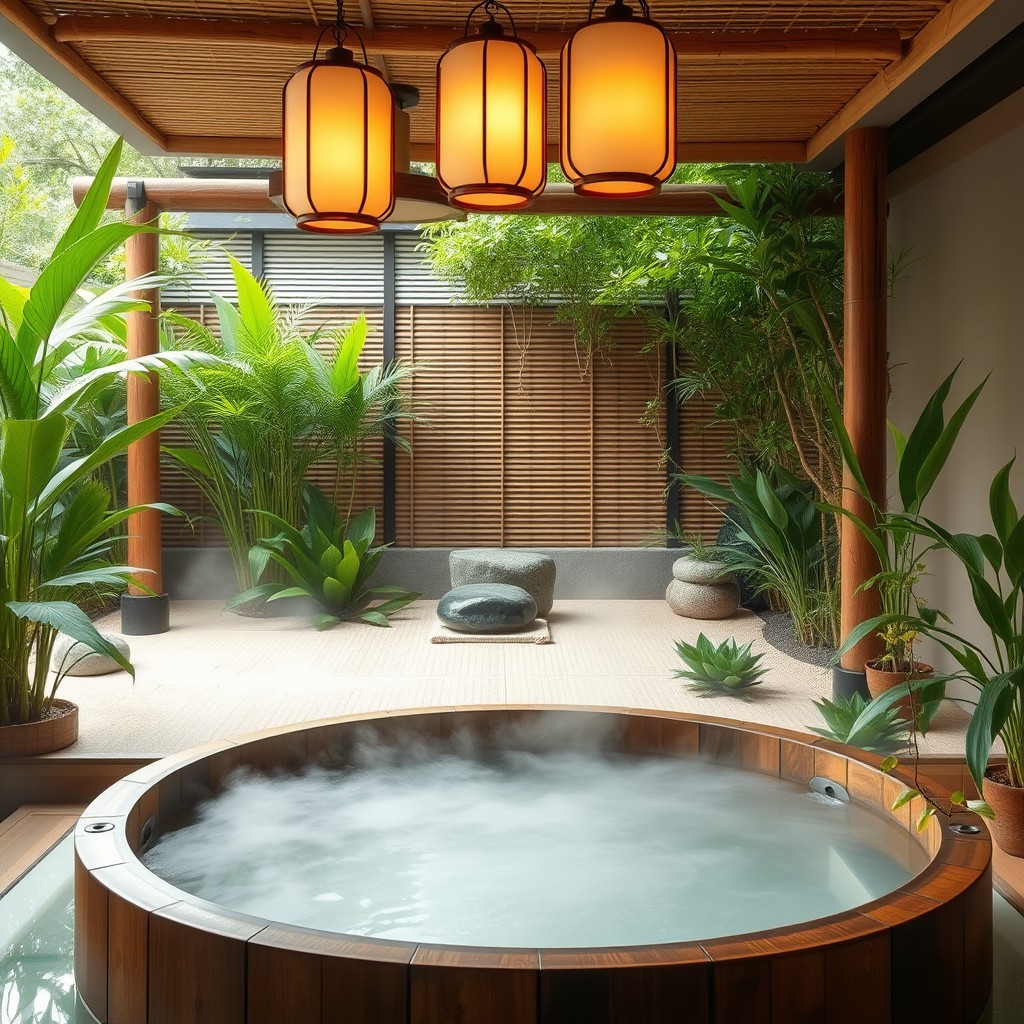 A serene Asian-style bath setting, featuring elegant bamboo elements, softly lit lanterns hanging from the ceiling, and a large wooden soaking tub filled with water surrounded by lush green plants