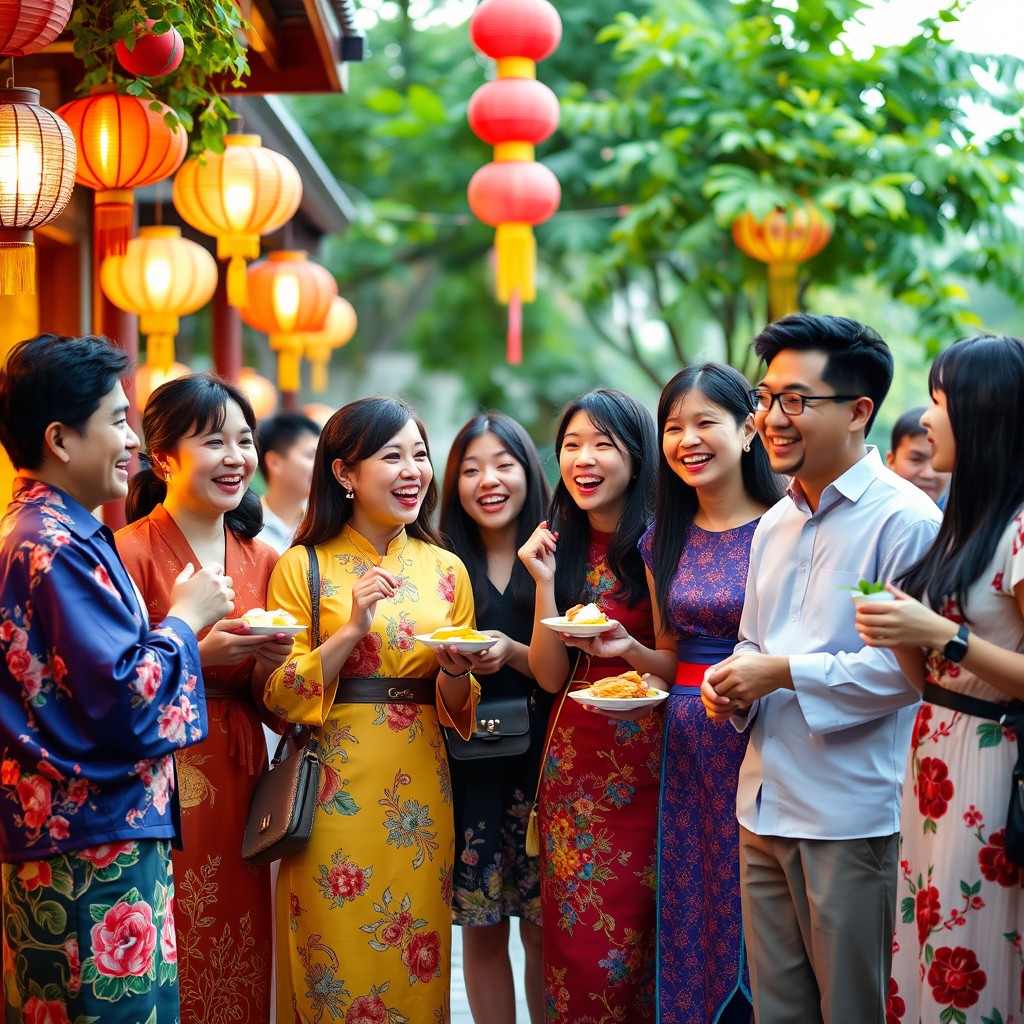 A vibrant and engaging scene depicting a diverse group of Asian individuals enjoying a lively outdoor gathering