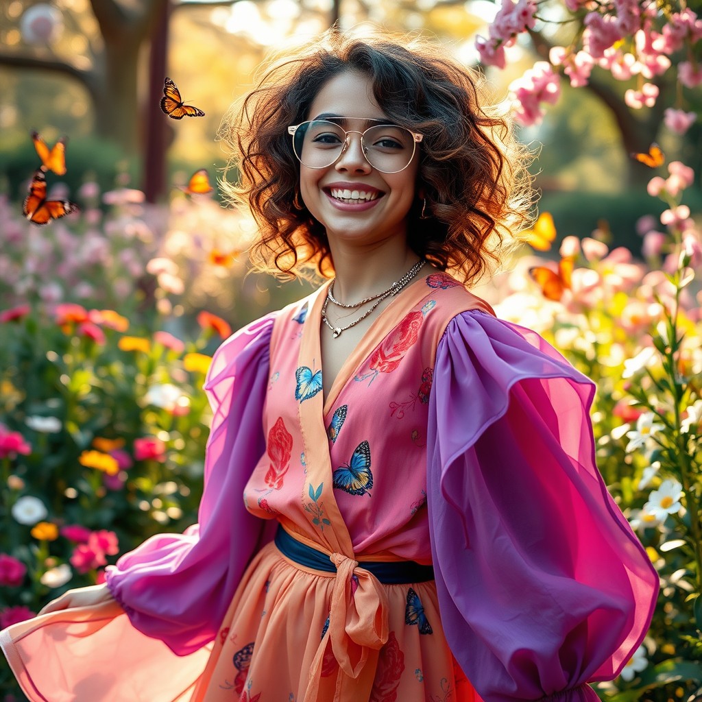 A vibrant and playful scene featuring a stylish young individual dressed in elegant and colorful clothing with soft, flowing fabrics, embodying a playful and whimsical spirit