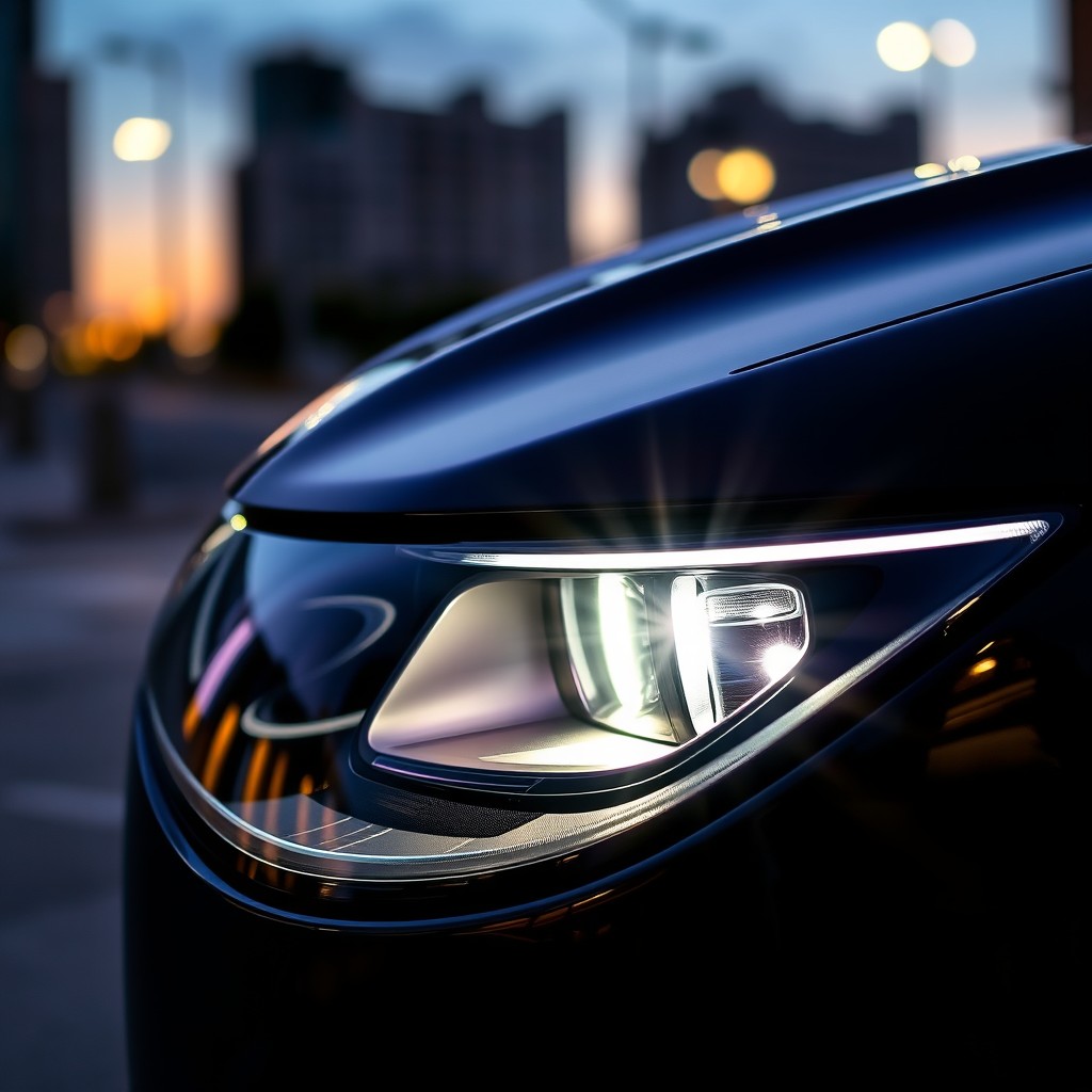 A close-up shot of a luxury car's headlights covered with tinted film, showcasing the reflective quality of the film