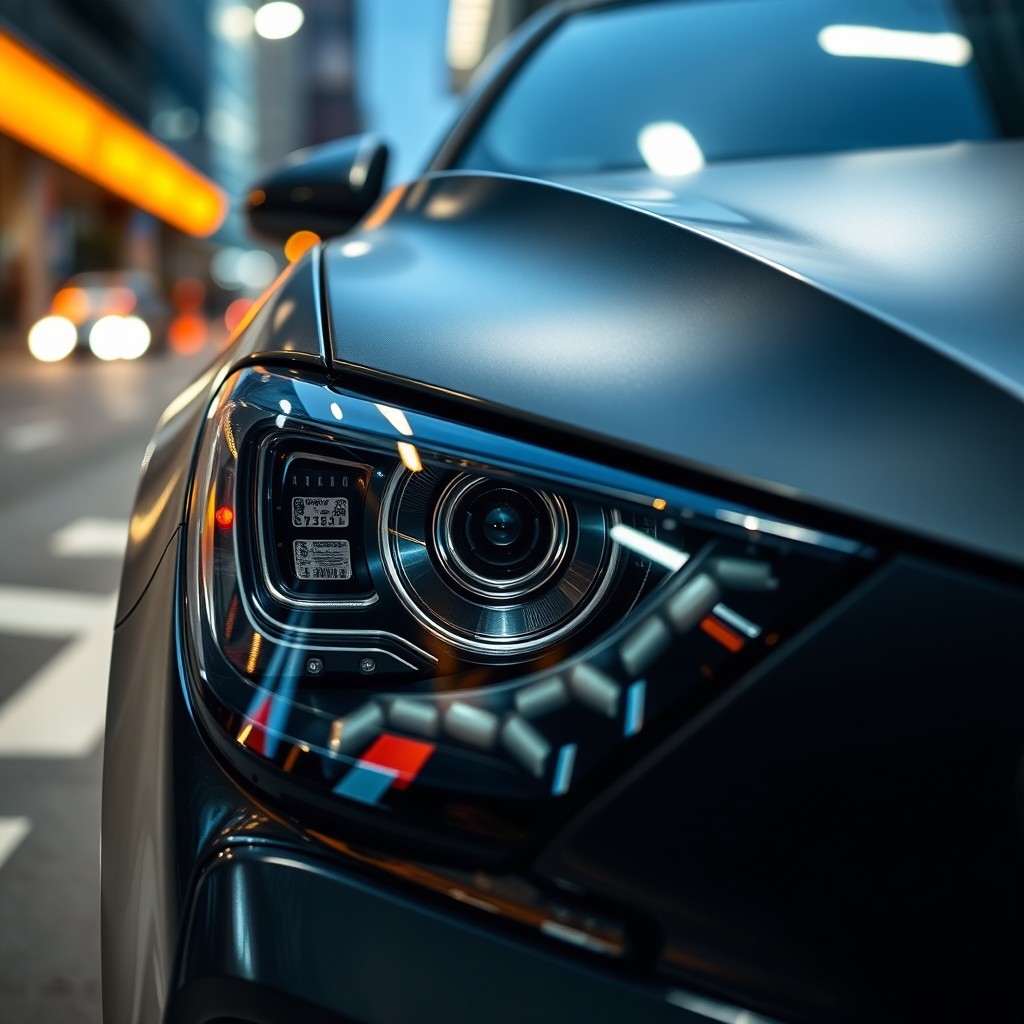 A close-up shot of a car's headlight that has been wrapped in a stylish tinted film