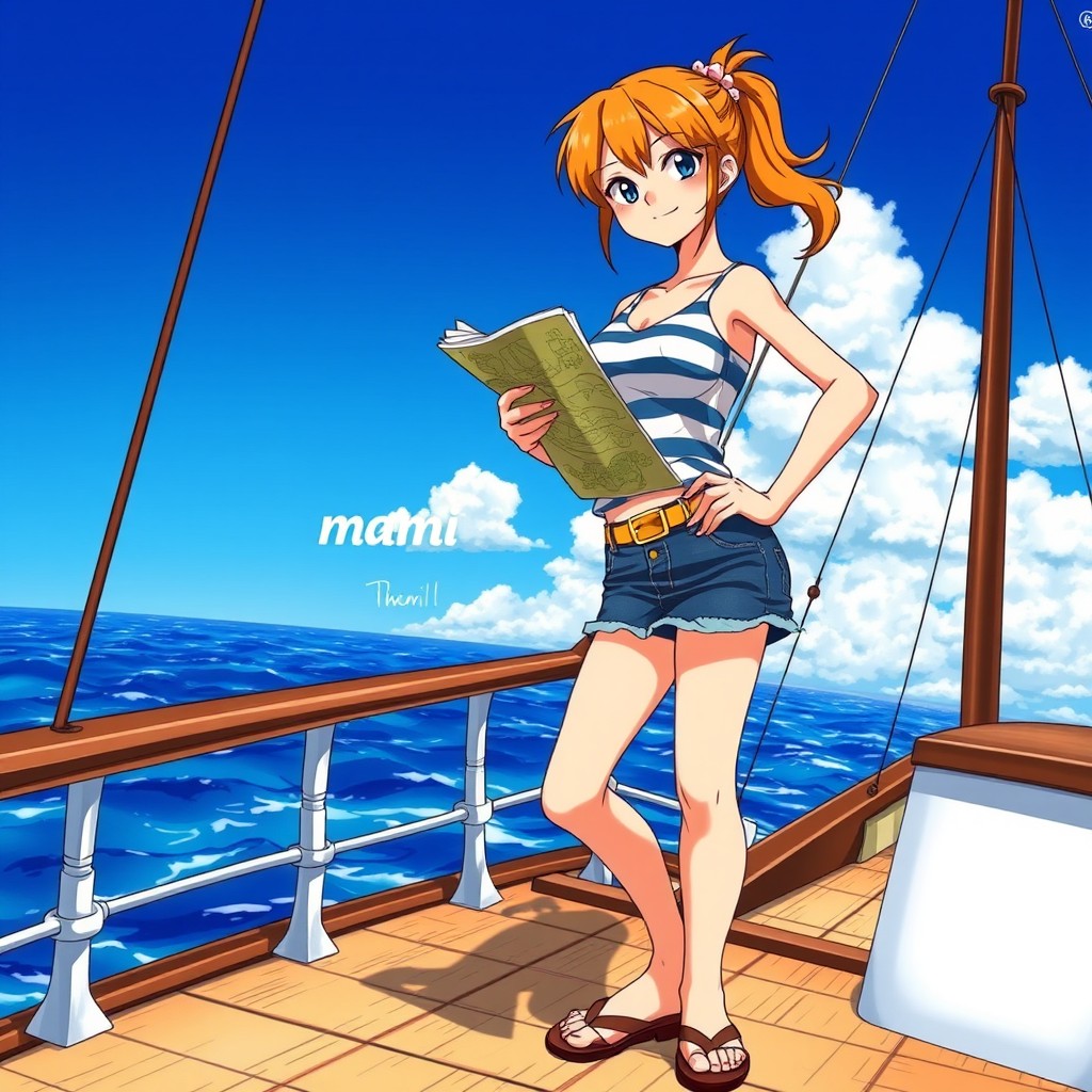 A stunning portrayal of Nami, the skilled navigator from the popular anime series One Piece, standing confidently on the deck of the Thousand Sunny ship