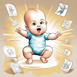 A baby demonstrating superpowers. The baby is levitating toys around it, radiating a soft glow, and in the background, sketches of comic-style 'BOOM' and 'ZAP' to emphasize its powers.