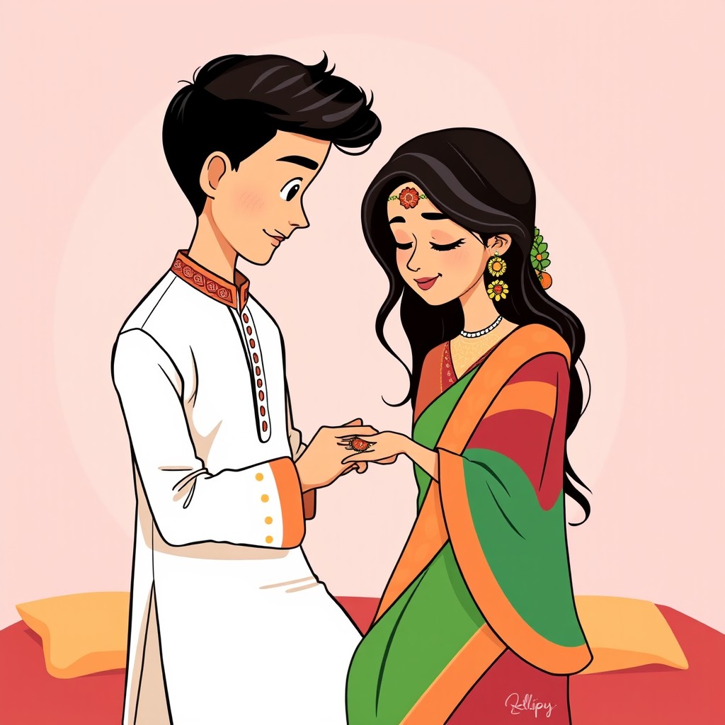 A romantic 2D graphic illustration of a Bangladeshi couple in cartoon vector art style