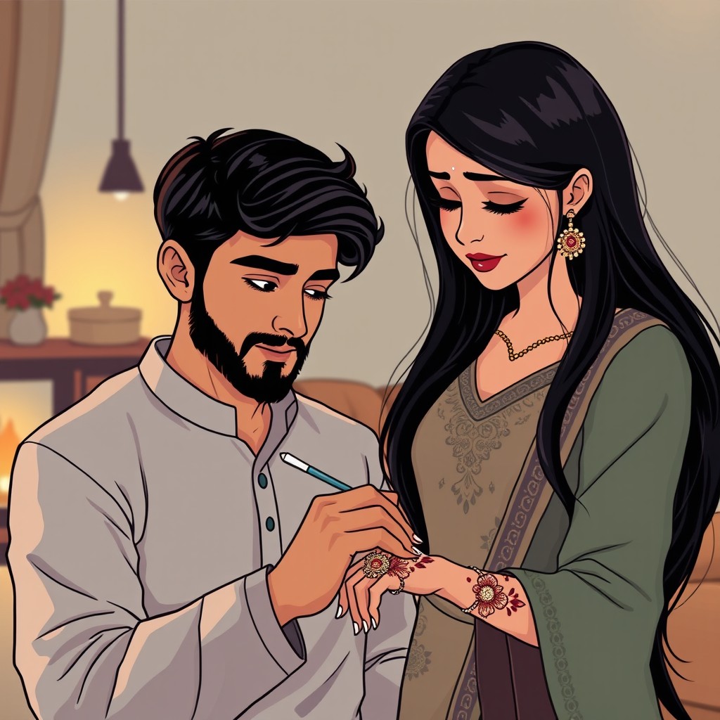 A 2D aesthetic webtoon illustration of a romantic Bengali couple