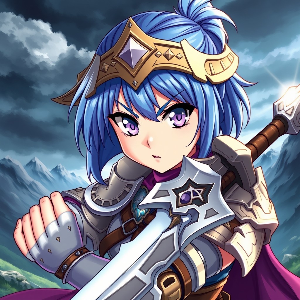 A fierce anime warrior girl with striking blue hair and large lavender eyes, wearing intricate armor that combines elegance and strength