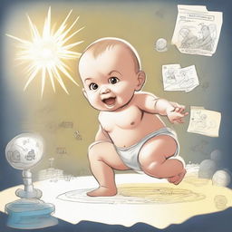 A baby demonstrating superpowers. The baby is levitating toys around it, radiating a soft glow, and in the background, sketches of comic-style 'BOOM' and 'ZAP' to emphasize its powers.