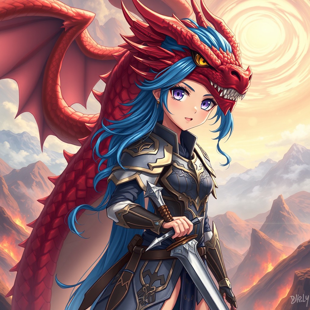 An enchanting anime warrior girl with stunning blue hair and large lavender eyes, standing bravely beside a magnificent red dragon