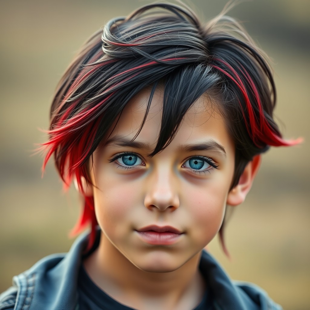A portrait of a teenage boy with striking black hair that has vibrant red roots, complemented by captivating blue eyes