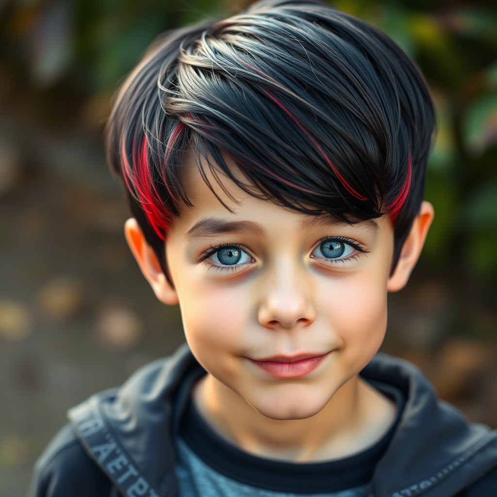 A detailed portrait of a boy with sleek black hair featuring striking red roots, and bright blue eyes that stand out vividly