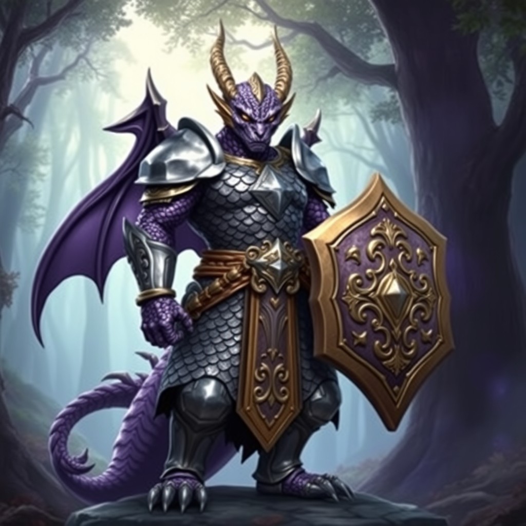 A purple dragonborn paladin standing confidently, clad in shining steel scale armor adorned with intricate designs
