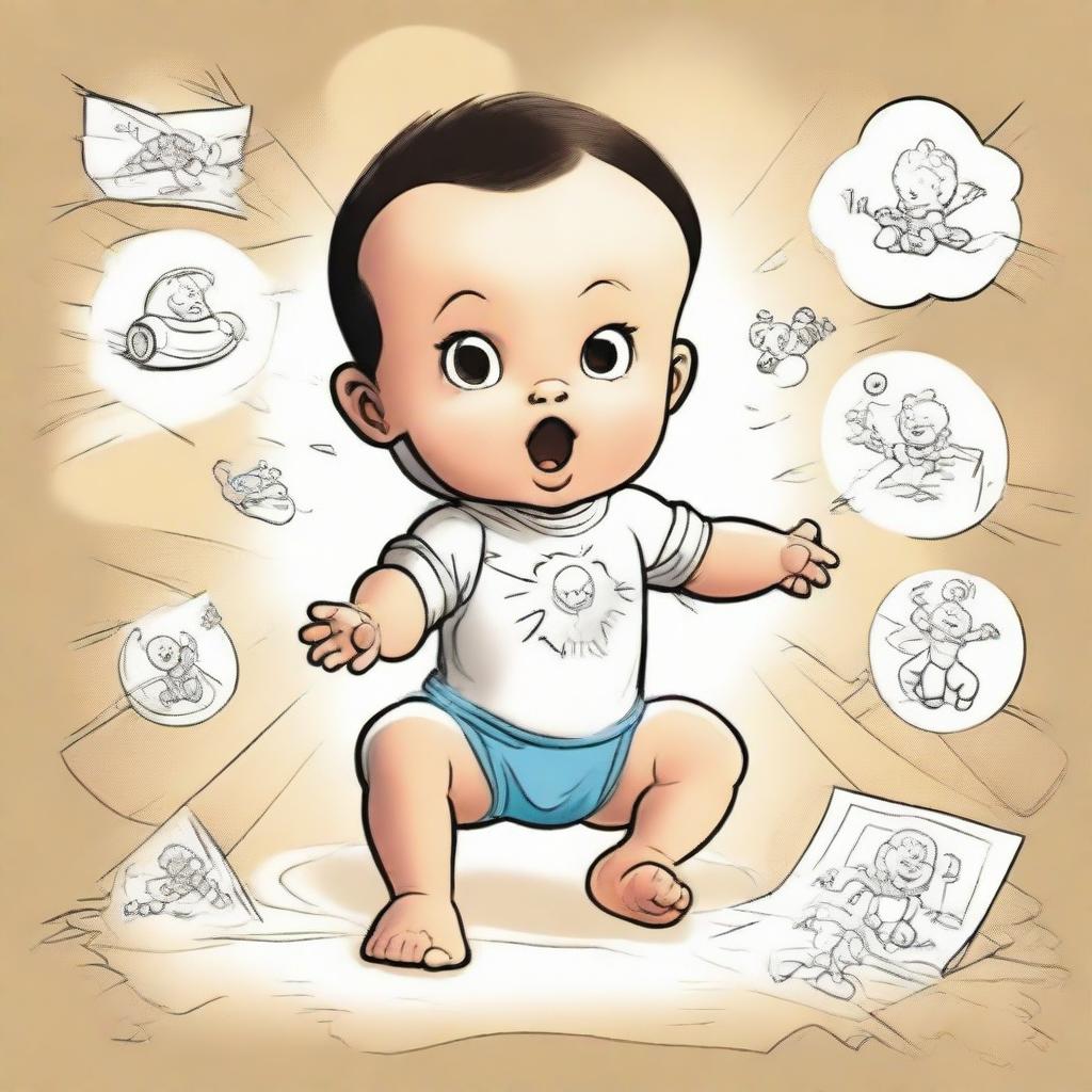 A baby demonstrating superpowers. The baby is levitating toys around it, radiating a soft glow, and in the background, sketches of comic-style 'BOOM' and 'ZAP' to emphasize its powers.