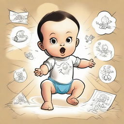 A baby demonstrating superpowers. The baby is levitating toys around it, radiating a soft glow, and in the background, sketches of comic-style 'BOOM' and 'ZAP' to emphasize its powers.