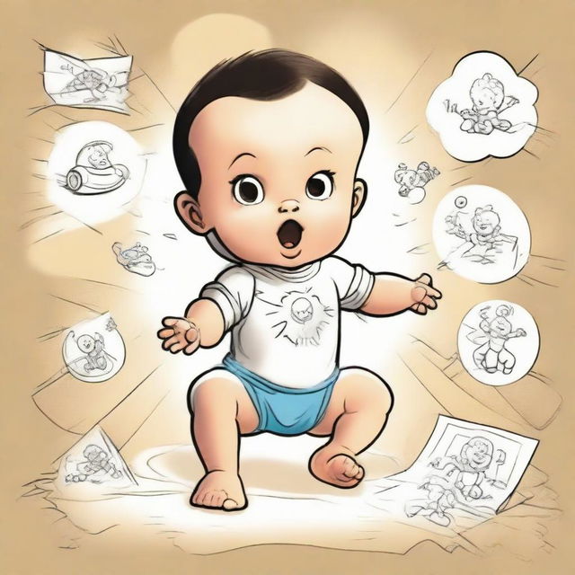 A baby demonstrating superpowers. The baby is levitating toys around it, radiating a soft glow, and in the background, sketches of comic-style 'BOOM' and 'ZAP' to emphasize its powers.