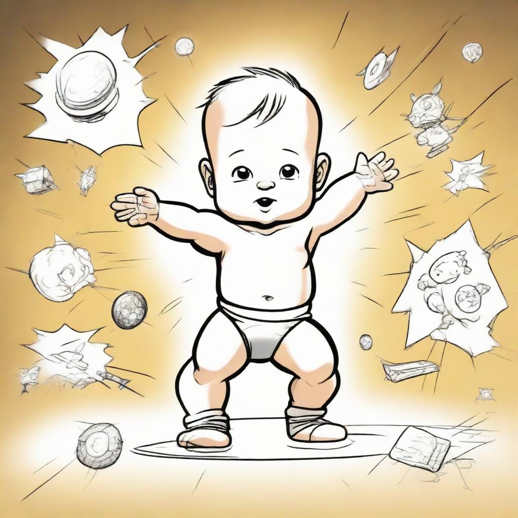 A baby demonstrating superpowers. The baby is levitating toys around it, radiating a soft glow, and in the background, sketches of comic-style 'BOOM' and 'ZAP' to emphasize its powers.