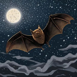 A bat in flight against a backdrop of a dark, starry night. Its wings are outstretched and detailed, illustrating the intricacy of its wingspan.