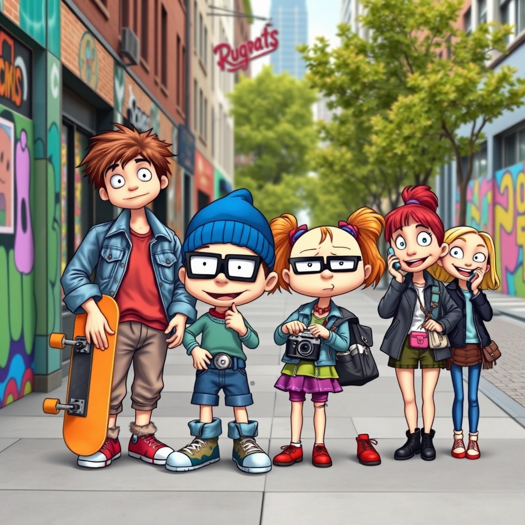 A vibrant scene depicting the characters from 'Rugrats All Grown Up' in a modern urban setting, showcasing the older versions of Tommy, Chuckie, Angelica, and Suzi