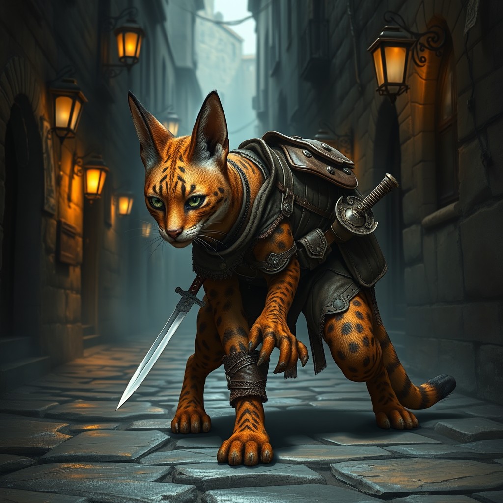 A mystical creature portraying a caracal tabaxi rogue, featuring the sleek body and tufted ears characteristic of a caracal, combined with the agility and stealthiness of a rogue