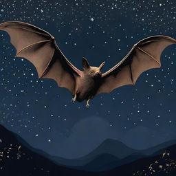 A bat in flight against a backdrop of a dark, starry night. Its wings are outstretched and detailed, illustrating the intricacy of its wingspan.