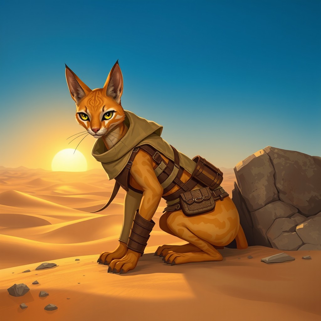A desert tabaxi rogue, showcasing a slender and agile figure with feline features