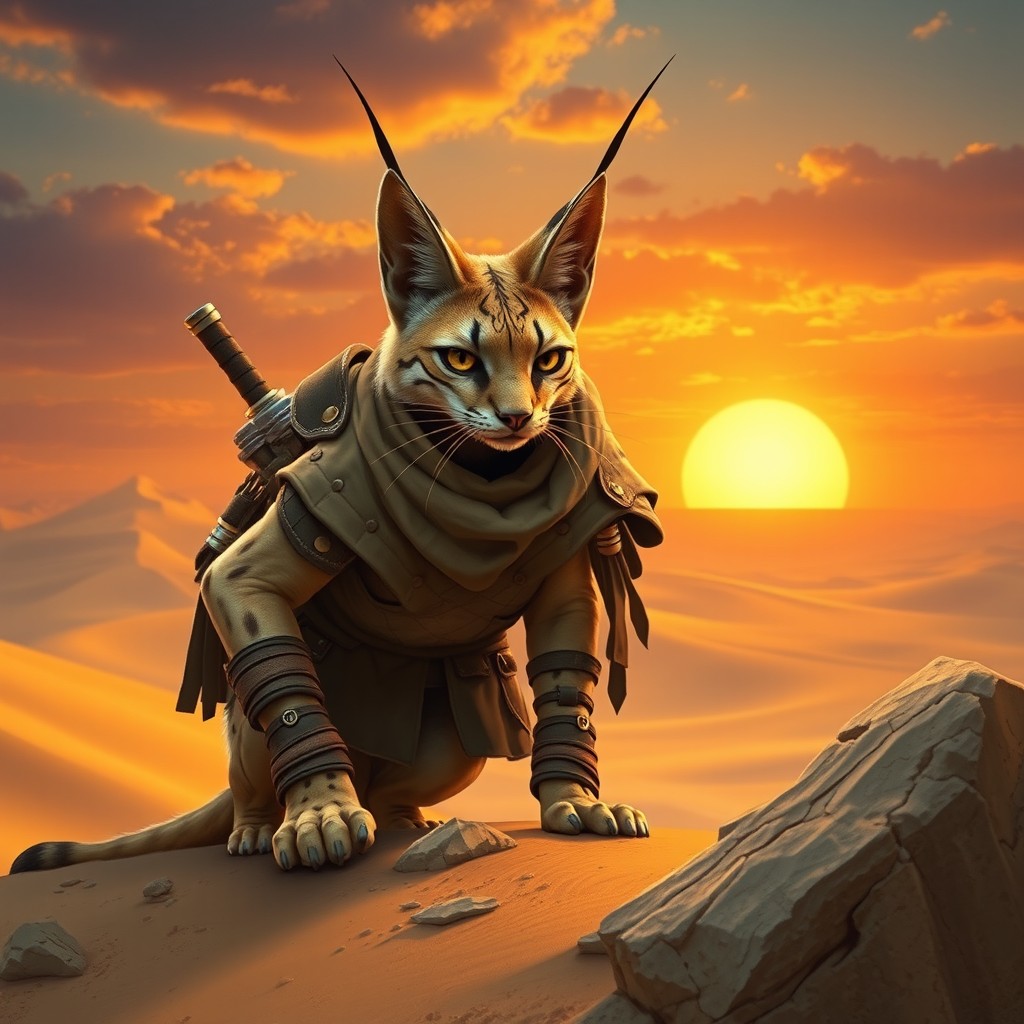 A striking desert tabaxi rogue with distinctive caracal ears, showcasing an agile and sleek feline figure